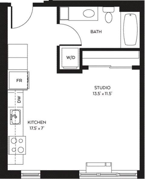 Floor plan for studio, 1 bath, 476 sqft